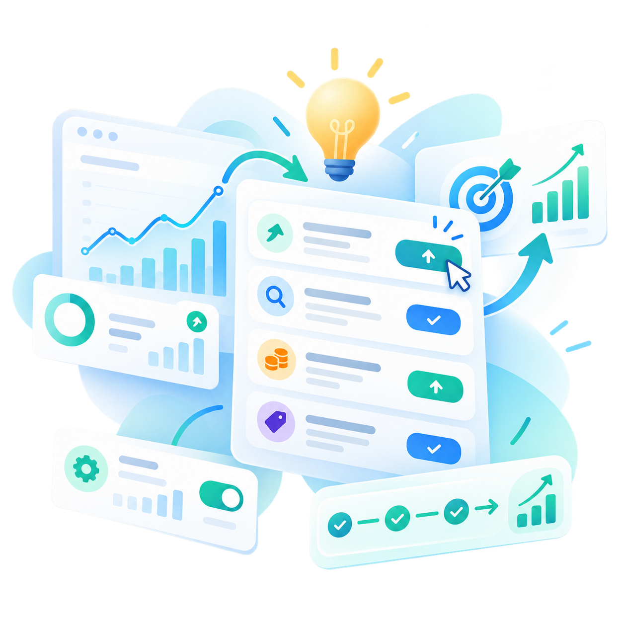 Illustration showing optimisation actions, recommendations and growth.